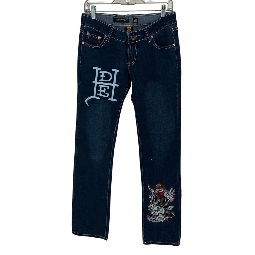 Ed Hardy Dark Blue Straight Leg Jeans with Embroidered Dragon & Light Blue Logo